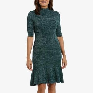🆕 London Times Green Silver Metallic Knit Midi Sweater Dress S Stretch Party